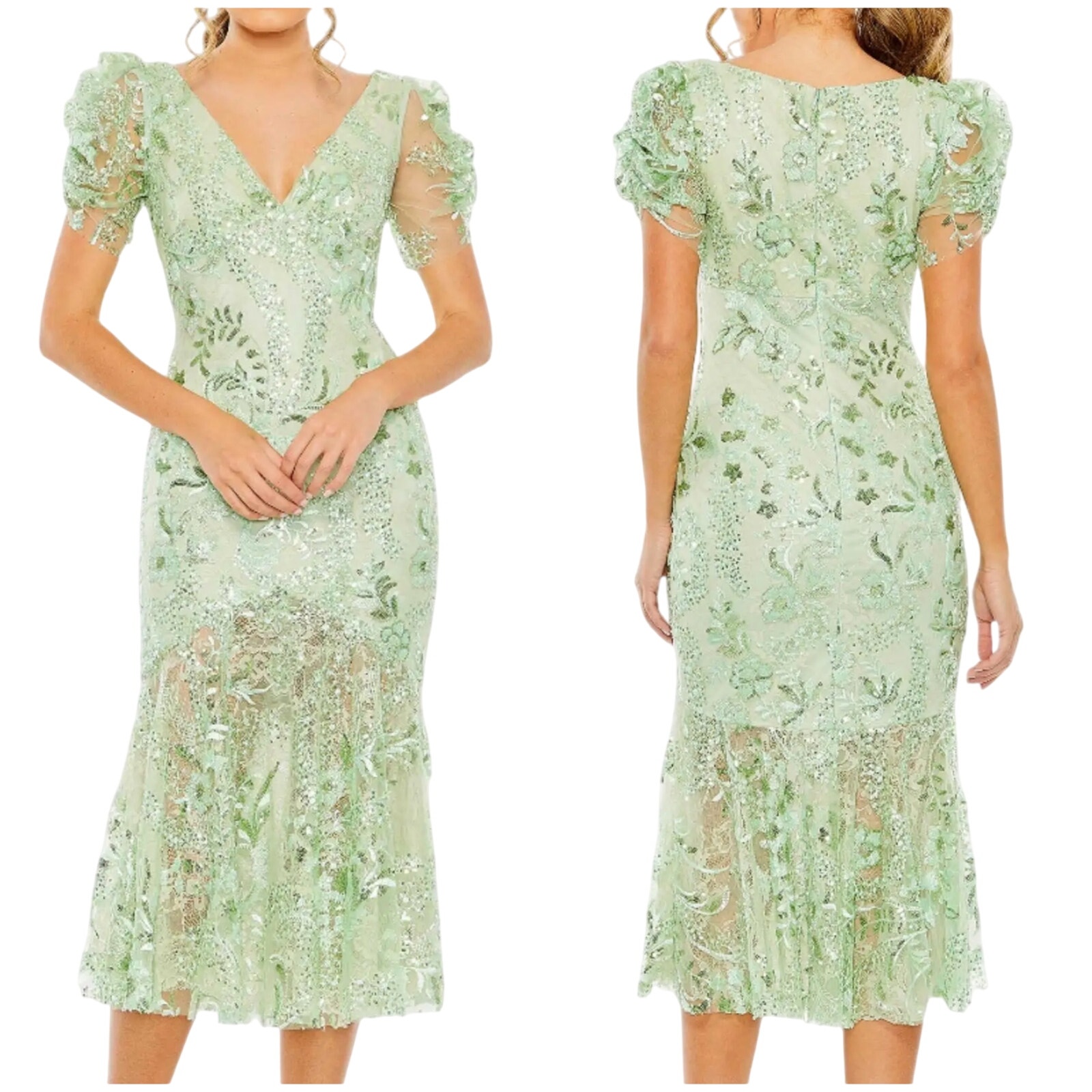 Mac Duggal Nwt Green Puff Sleeve V Neck Floral Embellished Midi Dress Size 2
